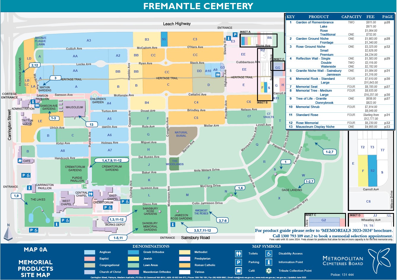 Fremantle Map showing the memorial products available in each section