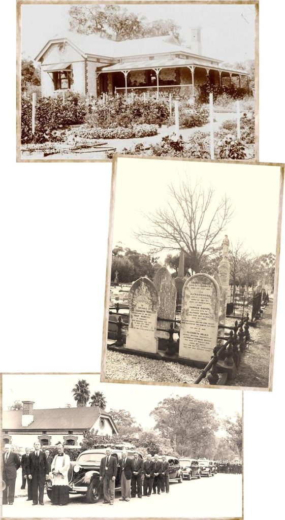 historical images of the original administration building and headstones and funeral cortege