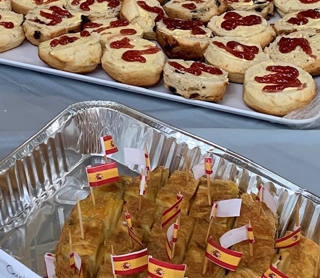 jam scones and omelette with spanish flags presented for morning tea to celebrate Harmony Day