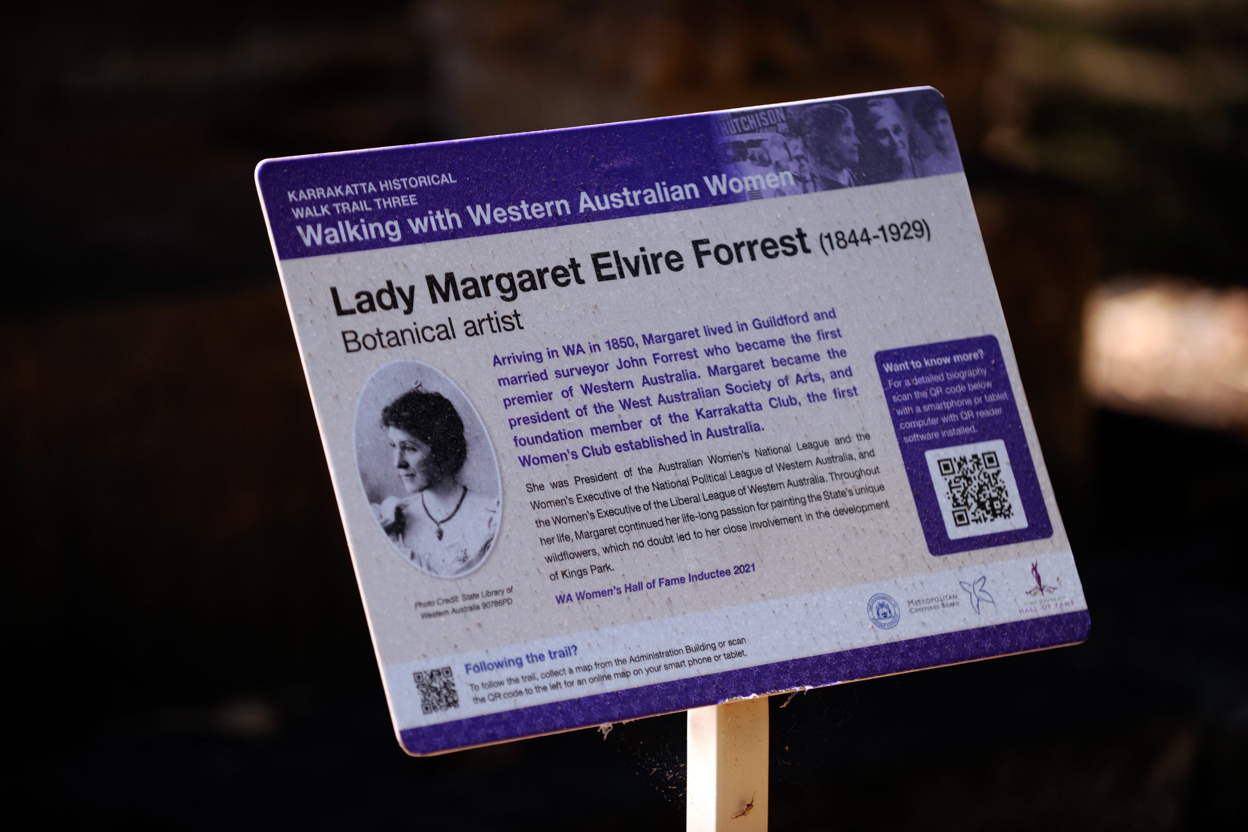 the sign post of Lady Margaret Elvire Forrest on Walking with Western Australian Women walk trail at Karrakatta Cemetery