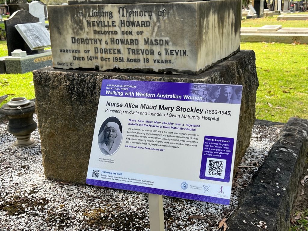 Walking with Western Australian Women heritage trail sign for Nurse Alice Maud Mary Stockley